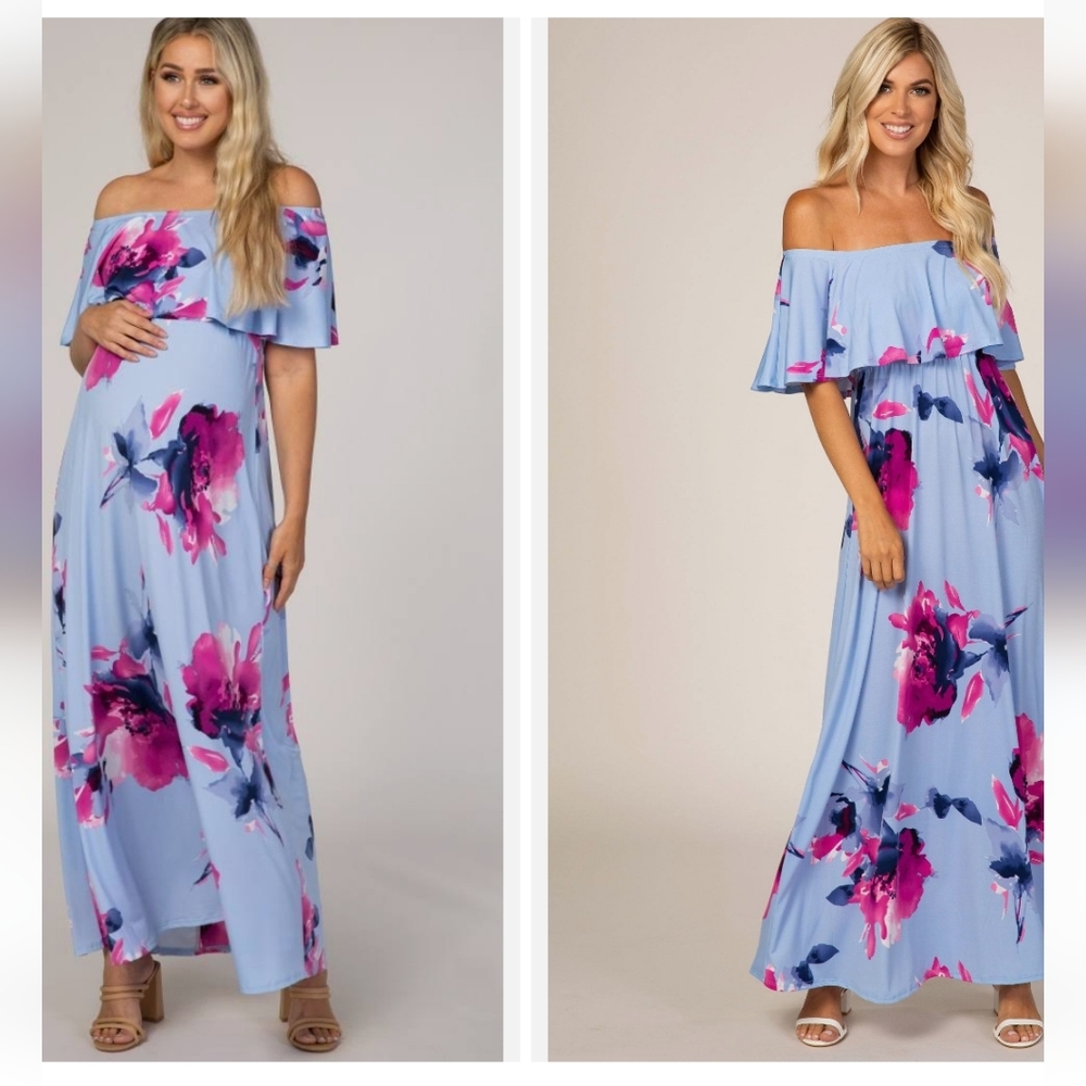 Light Blue Floral Maxi Dress L NWT
